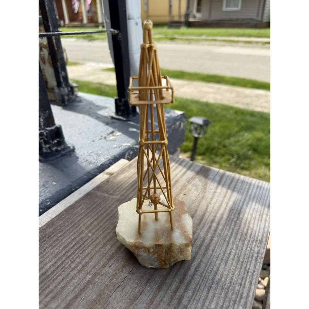 Vintage John DeMott Gold Plated Wire oil Rig Derrick on Onyx base signed